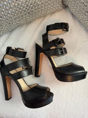 Coach Black Triple-Buckle Platform Heels